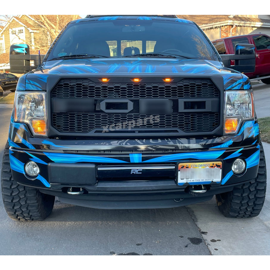 Front Upper Grill Grille For Ford F150 2009-2014 - Matte Black Steel Mesh With Amber LED Lights & Chrome Rivets